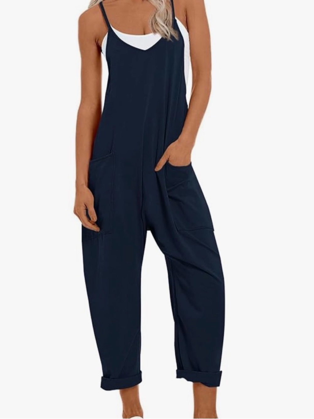 Casual Navy Spaghetti-Strap Jumpsuit with Pockets